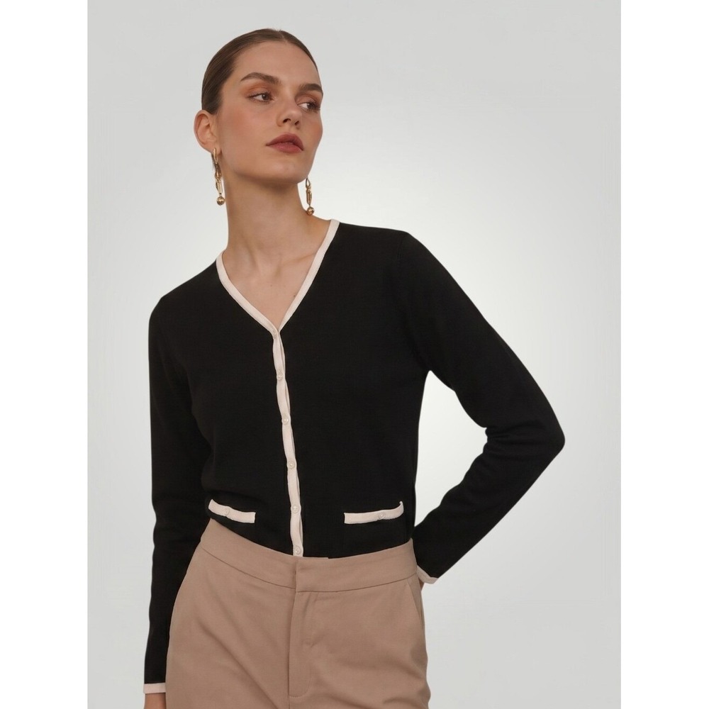 Country Shop 100% Cashmere Cardigan Medium Black Cream‎ Trim V-Neck